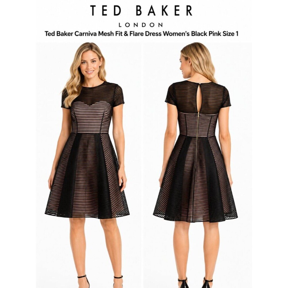 Ted Baker Carniva Mesh Fit & Flare Dress Women's Black Pink Lined Size 1 Elegant